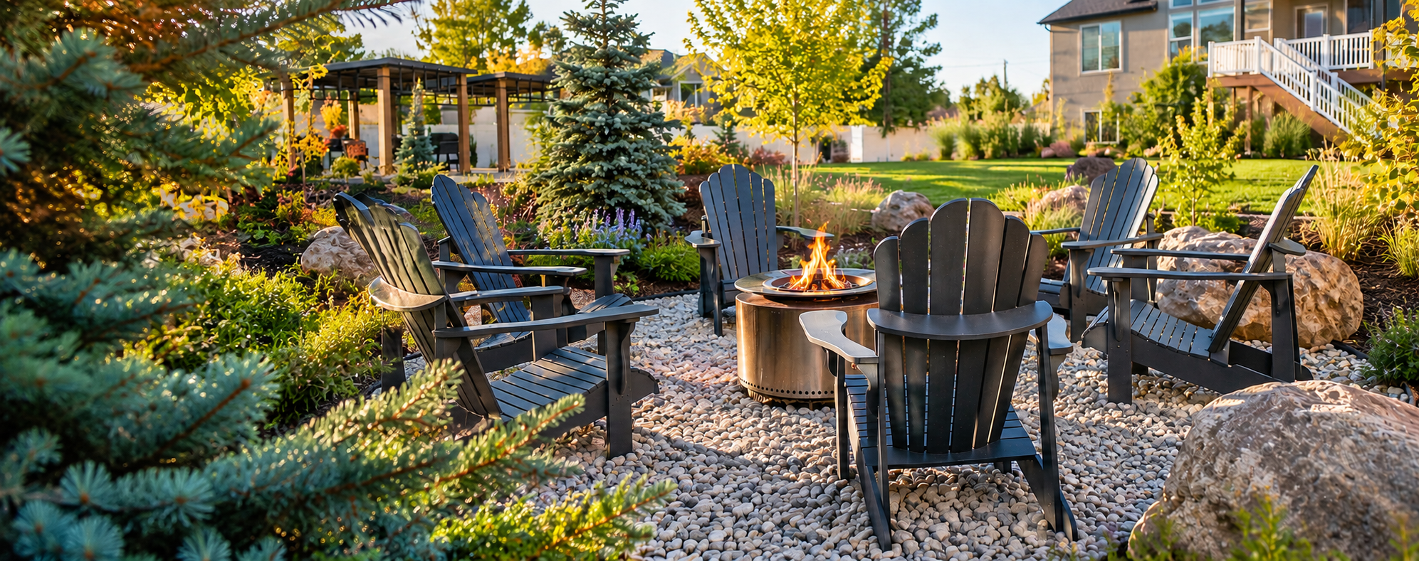 A firepit and gazeebos with water wise, xeric plants in a Botanical Zen landscape design